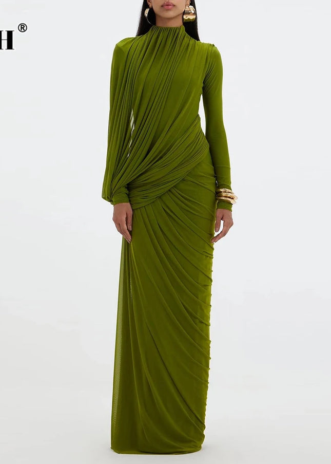 Long-sleeve turtleneck column maxi dress in a slim floor-length silhouette