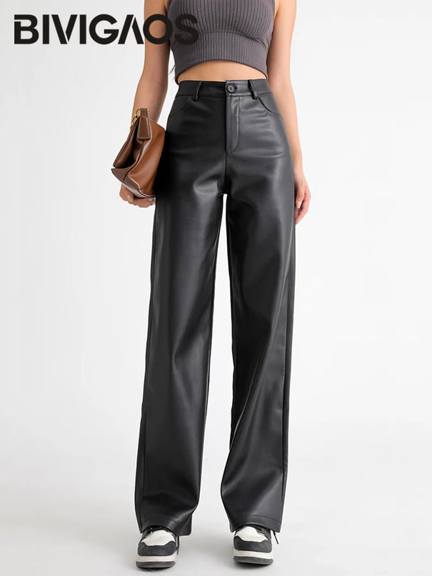 The Rowan Leather Trouser - high waist faux leather wide leg pants