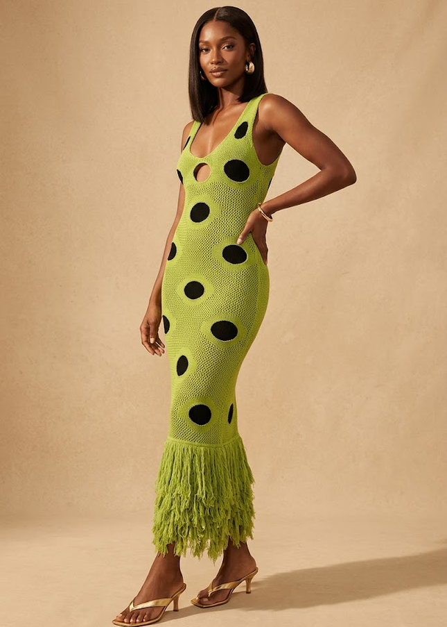 Polka dot knit maxi dress with cut-out spots and a fringe hem, a bodycon going-out dress for fall 2026