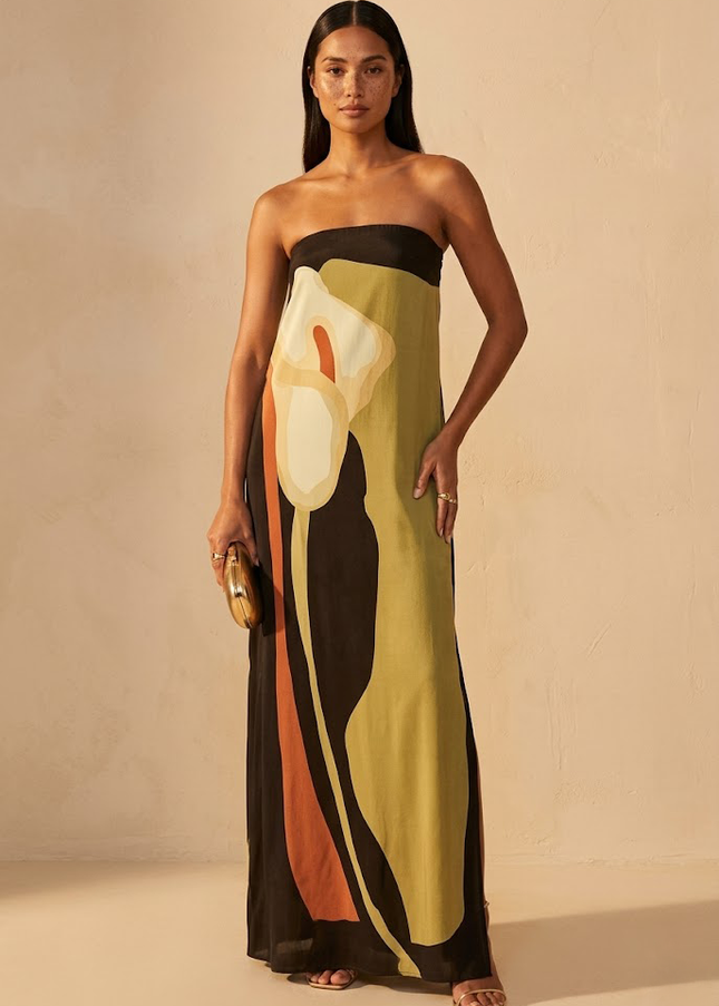 Strapless abstract print maxi dress with a backless tube silhouette, a summer evening and party dress